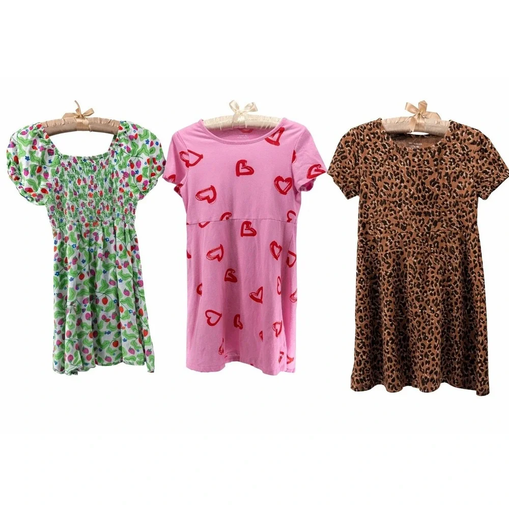 Girls Dress Lot 3 Sz L 14-16 Strawberry Cottagecore Heart Print Leopard Trendy